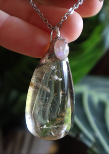 Rutilated Quartz Crystal with Moonstone Pendant