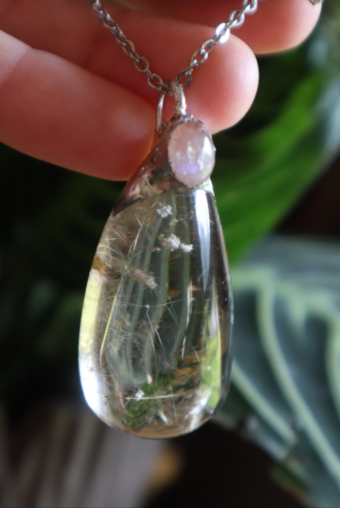 Rutilated Quartz Crystal with Moonstone Pendant