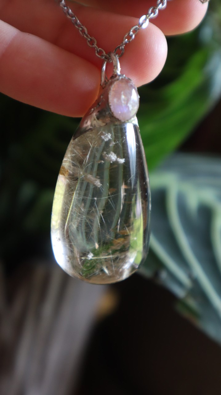 Rutilated Quartz Crystal with Moonstone Pendant