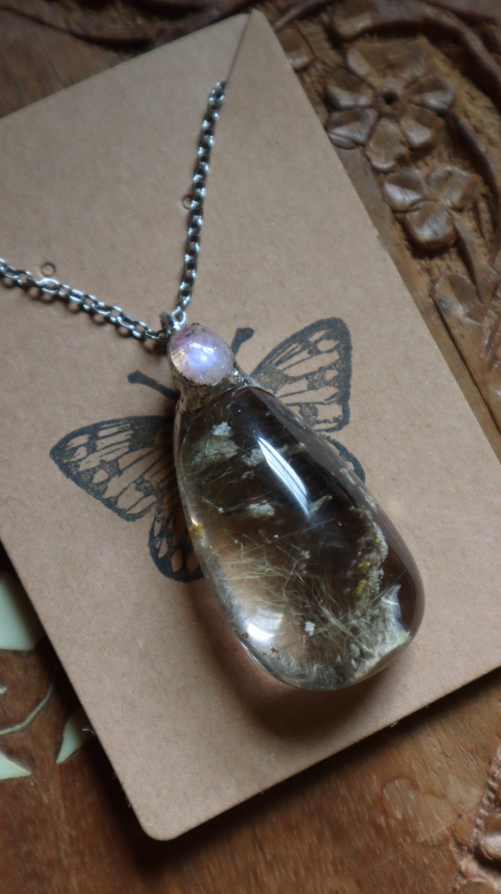 Rutilated Quartz Crystal with Moonstone Pendant